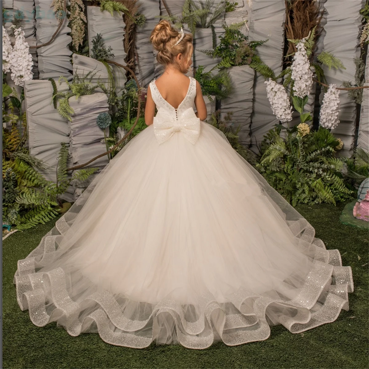 

Elegant Flower Girl Dress For Wedding Tulle Sleeveless Puffy Sequins With Bow Child's First Eucharistic Birthday Party Dresses