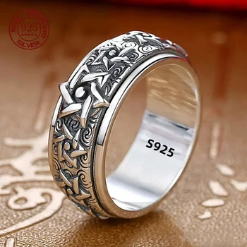 Anello girevole in argento sterling S925 per uomo Vintage Retro Stars Nuvola di buon auspicio Coppia Band Donna Accessori per dita indice