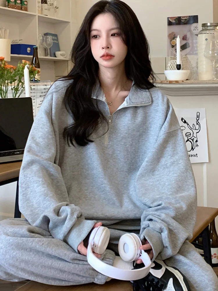 

korean solid all-match Sweatshirt Women thin Tops Oversized zipper young Girls Streetwear Korean Fashion hoodies y2k gray tops