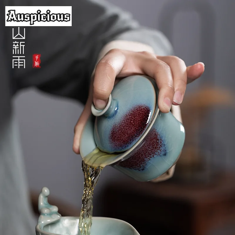 180ml Handmade Longquan Celadon Gaiwan Jun Kiln Kung Fu Tea Cover Bowl Tea Tureen Making Cover Bowl Chinese Set Ornament