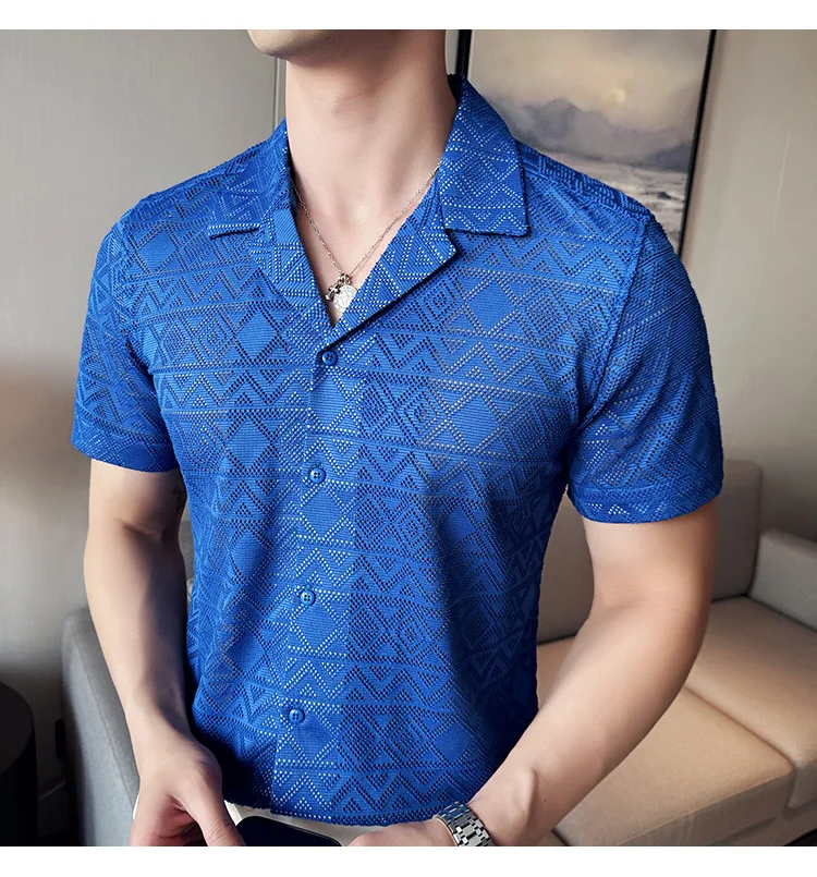 Spring/Summer Short Sleeved Shirt for Men Tailored Collar Lace Shirt Fashion Nightclub Social Party Tuxedo Blouse Streetwear