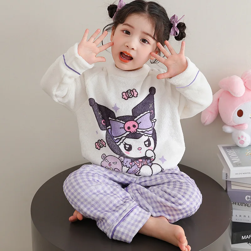 2 قطعة بيجامة أطفال هالو كيتي مخملية أنيمي سينامورول كورومي فتاة ملابس علوية فضفاضة غير رسمية السراويل رشاقته الدافئة الكرتون ملابس منزلية هدية