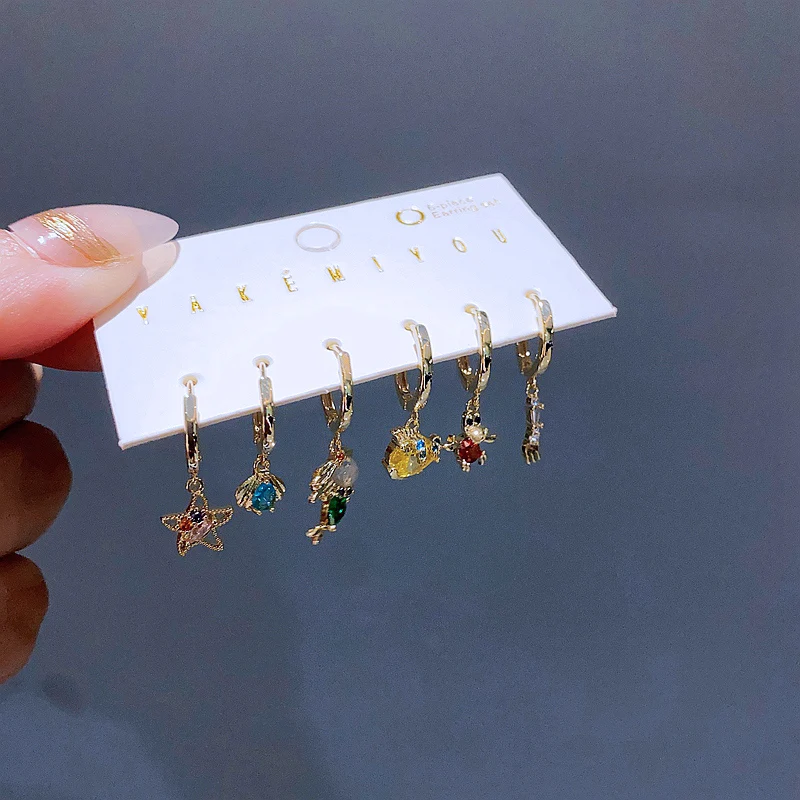 New Design Colorful Crystal Ocean Animal Mermaid Hoop Earrings Set for Women Gold Color Huggie Jewelry 4