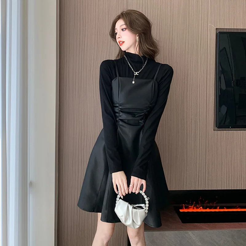 

French Style A Line Dress For Women Elegant Bottoming Leather Dress Sexy Clubwear Spaghetti Strap And Shirt Tops Black Party