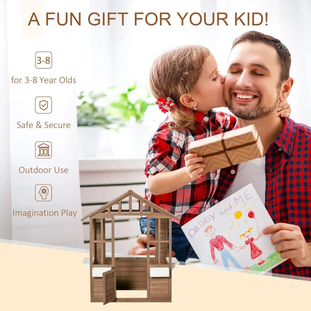 Description Picture 4 of itemKids Wooden Playhouse, Outdoor Garden Games Cottage, with Working Door, Windows, Flowers Pot Holder, 47" x 38" x 54"