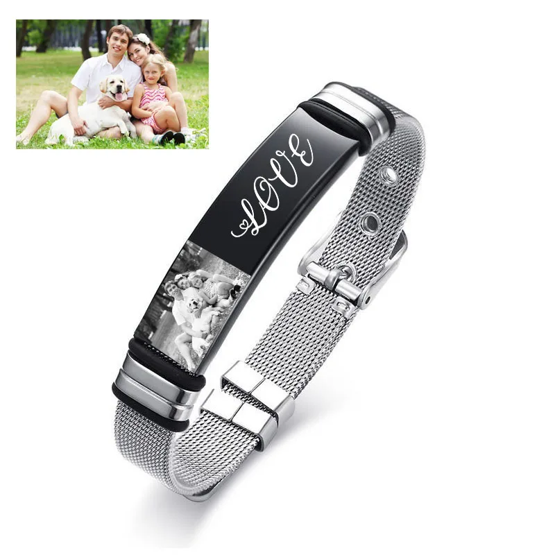 Custom Stainless Steel Bracelet for Men Personalized Engraved Photo Text Bracelets Adjustable Men's Family Bracelet Gifts