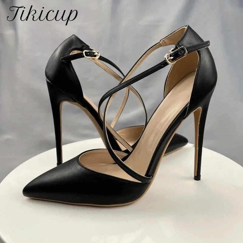 

Tikicup Instep Cross Strap Women Sexy Black Pointy Toe High Heel Shoes Elegant D'orsay Stiletto Pumps 8cm 10cm 12cm Customize