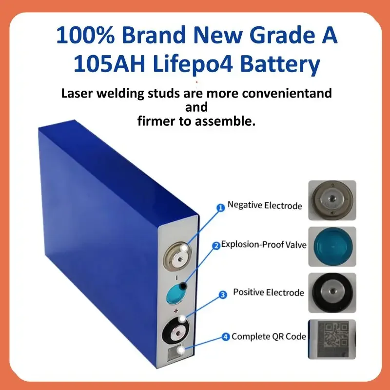 리튬 다리미 인산염 충전식 Lifepo4 배터리, 태양열 저장 RV 자동차 밴용 프리즘 셀, 3.2V, 105Ah, 12V, 24V, 48V