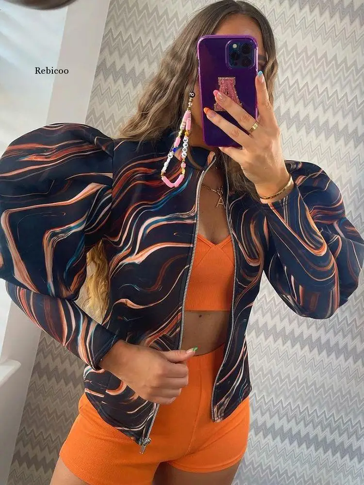 

Fashion Jacket Coats Women Puff Sleeve Zipper Crop Tops Long Sleeve Party Club Sexy Coat Outerwear Female Autumn Winter