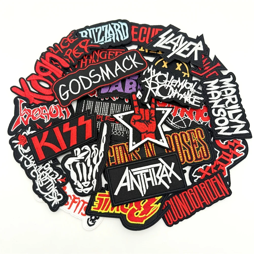 25pcs embroidered rock band patches featuring music logos like KISS, Slayer, Anthrax – iron-on set for clothing and bags