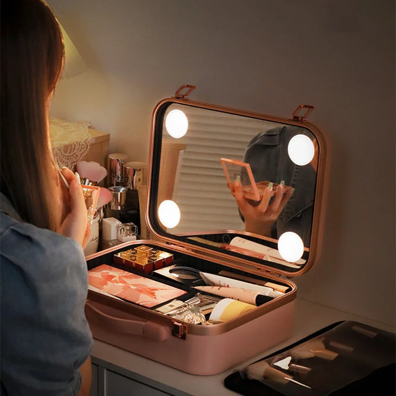 Large Capacity Cosmetic Bag with LED Mirror Skin Care Travel Storage Box Fashion Portable Portable Makeup Bags for Women