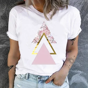 Classic best-selling pink trapezoid pattern printed women's round-neck short-sleeved T-shirt, fashionable sporty Summer Modal 1
