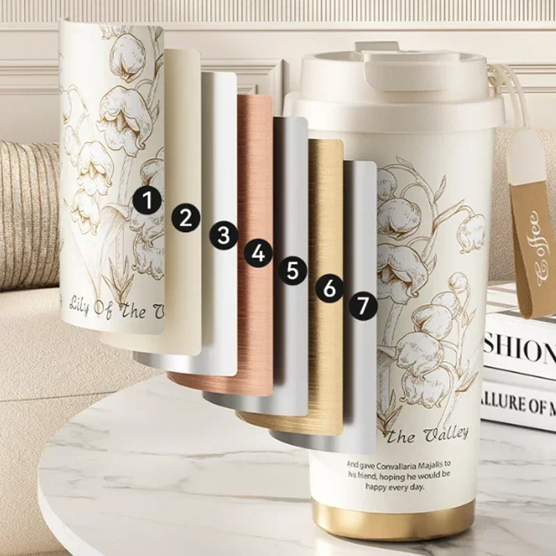 2025 Hot Lily of The Valley Design Travel Portable Leakproof Sippy Cup Coffee Cup Stainless Steel Car Cold Handy Cup
