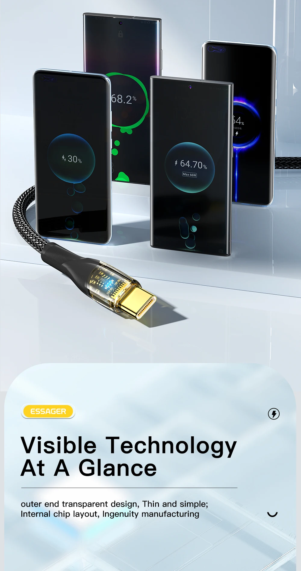 Essager 7A USB Type C Cable PD 100W Fast Charging Wire USB-C Charger Data Cord For Huawei P50 P40 OPPO K10 Honor Oneplus Poco F3