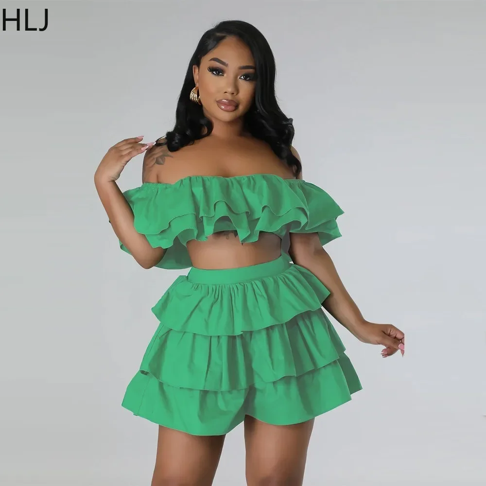 HLJ Fashion Off Shoulder Ruffle Nightclub Two Piece Sets Women Ruched Crop Top And Mini Skirts Outfit Female Solid 2pcs Clothing