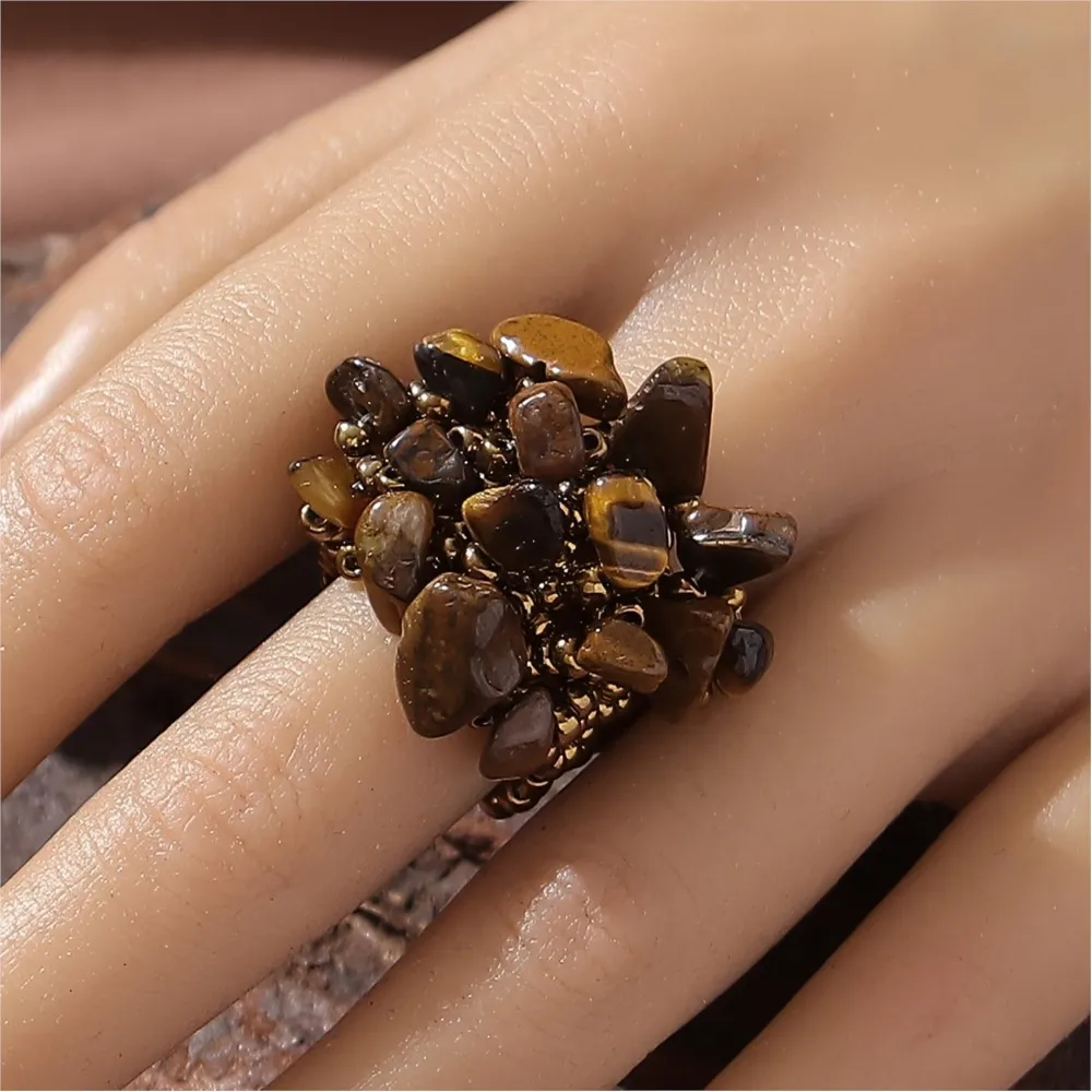 Boho Style Colorful Beaded Finger Ring for Women Natural Stone Irregular Beads Rings Party Jewelry Gifts