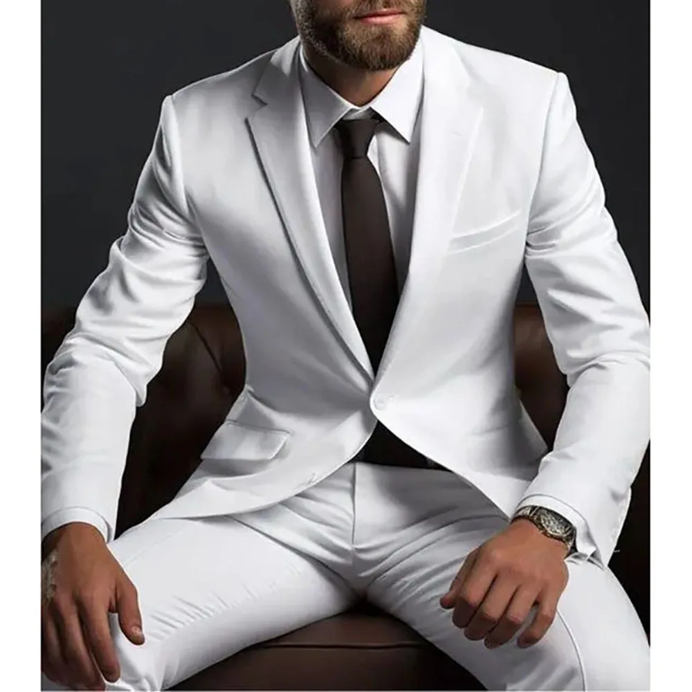 Handsome White Suit for Men Two Pieces (Jacket+Pants) Single Breasted Notch Lapel Costume Homme Business Wedding Groom's Set