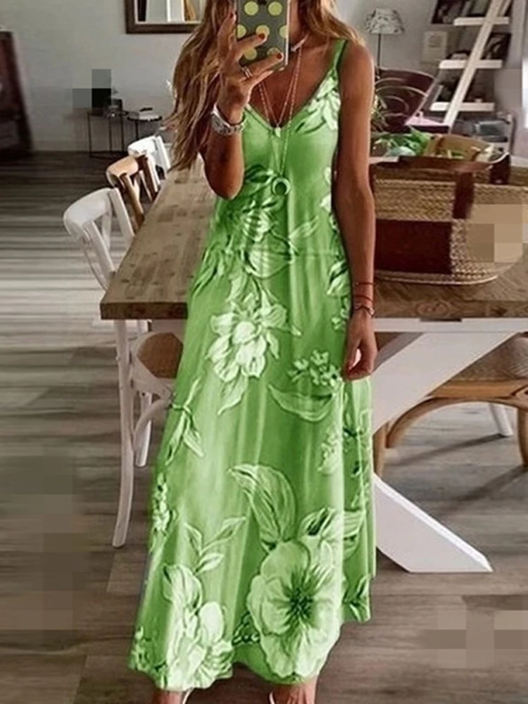 Summer 2025 Slim Fit Slip Dress Casual Women's Dresses European American Style Sleeveless V-Neck Long Dresses Woman Green Dress