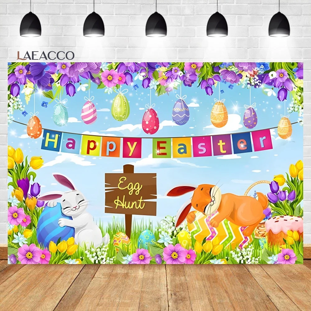 Laacco Happy Easter Party Sfondo Spring Garden Green Grass Yard Rabbit Uova Colorate Baby Portrait Photography Background