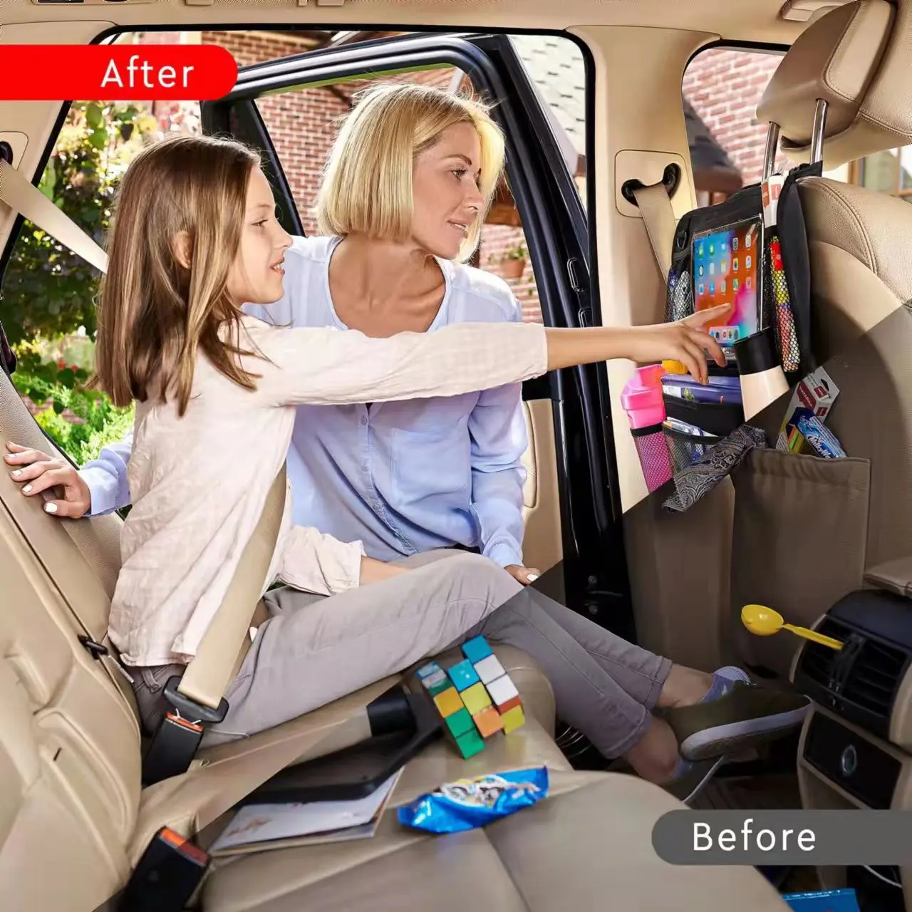 Car Storage Bag Car seat backrest protector children's car rear seat organizer foot pad storage bag touch screen tablet computer bracket