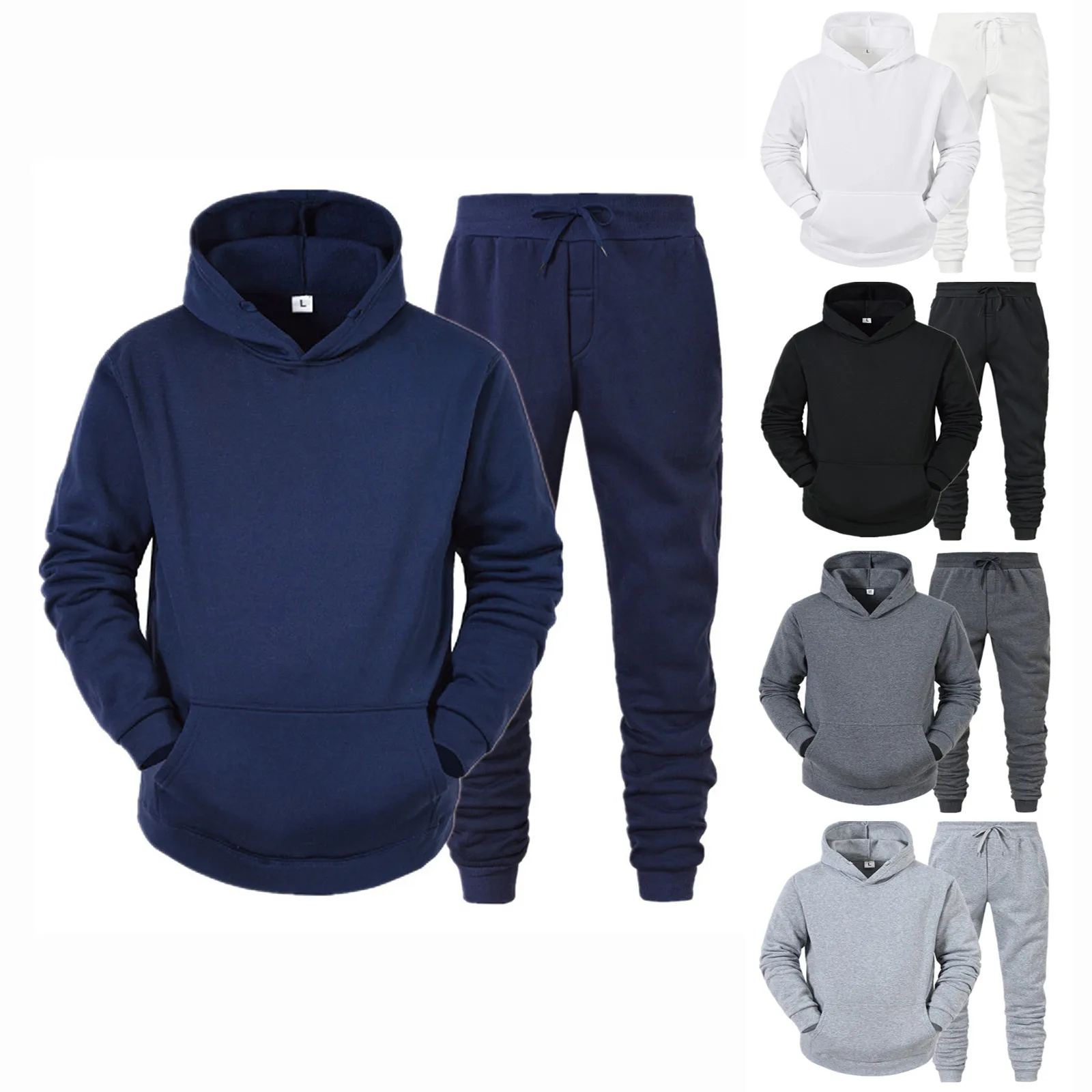Athletic fit men's hoodie jogging suit in solid color knit.