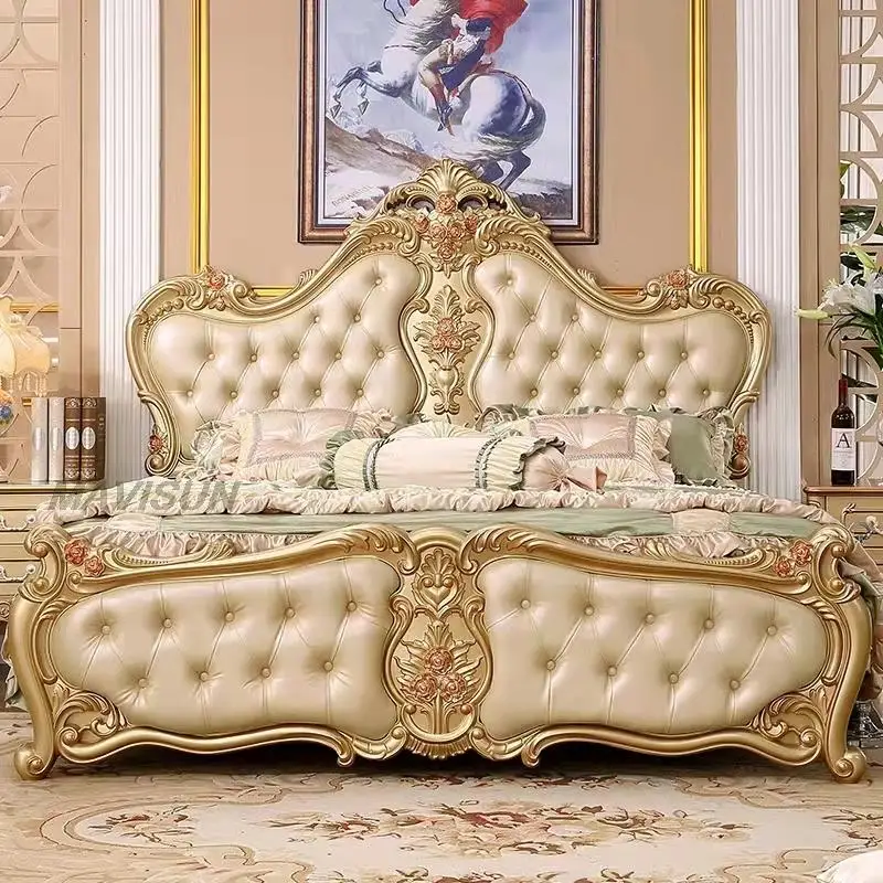 Champagne Gold Light Luxury European Double Bed Classic Wedding Bed High Quality Leather Solid Wood Frame Furniture For Bedroom