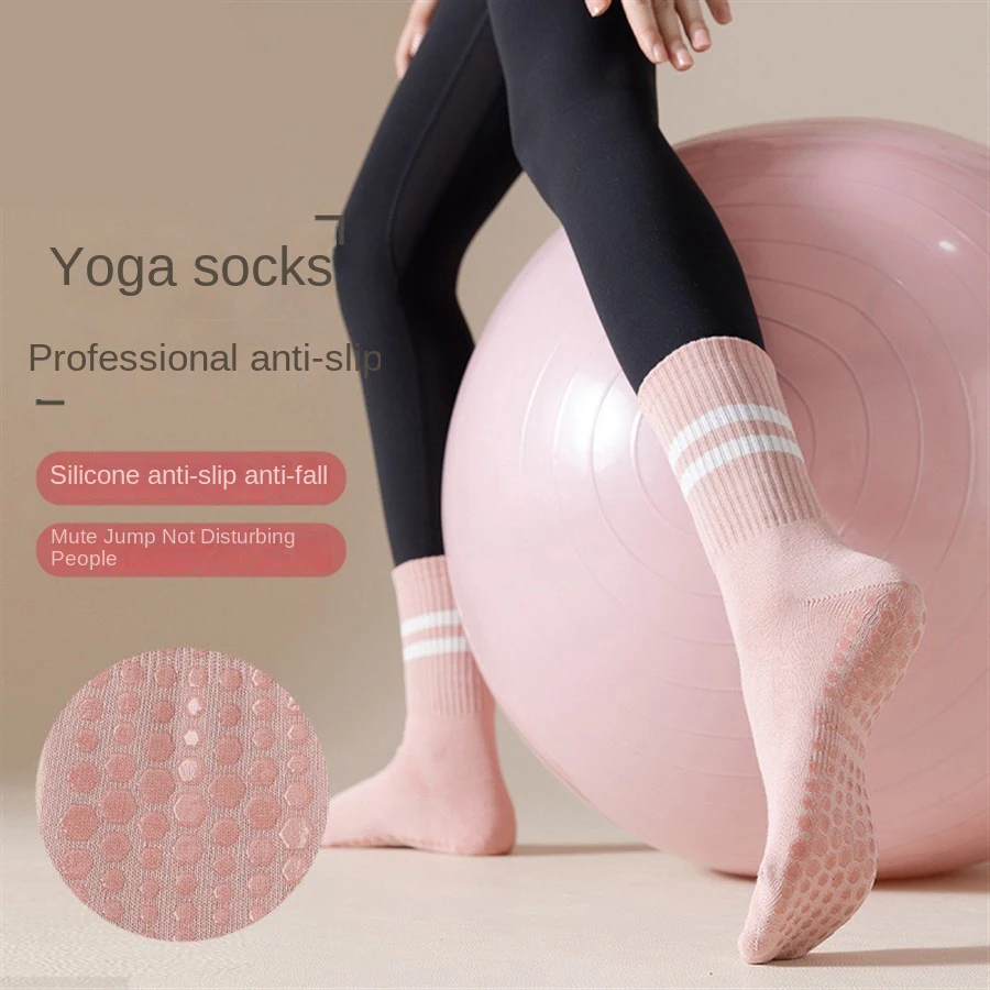 1 pair of women's yoga socks skipping rope sports socks Pilates indoor anti slip floor double bar mid leg socks