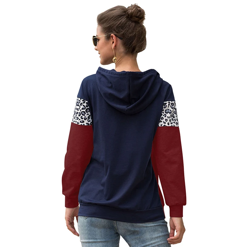 Women Leopard Stitching Thickening Pullover Hoodies Autumn Long Sleeve Tops Loose Casual Winter Hooded Sweatshirt Female Jumper