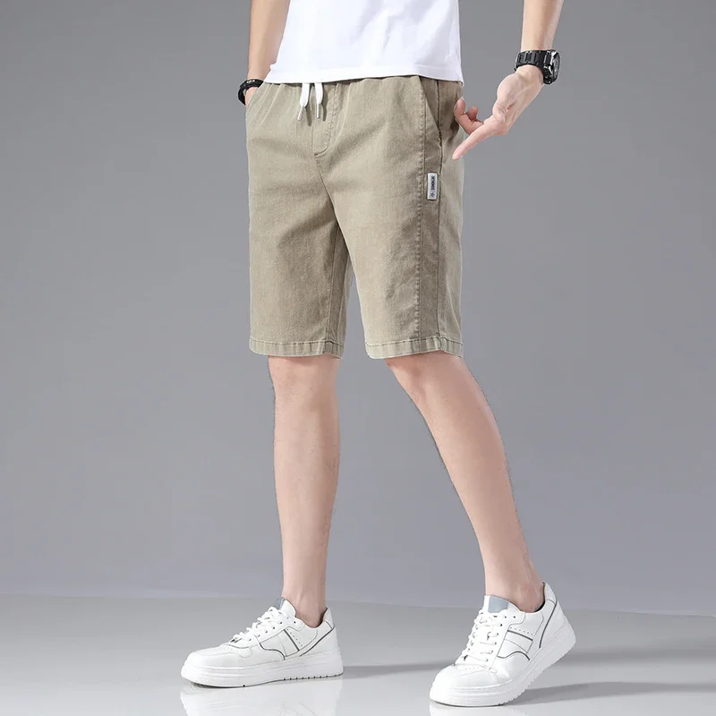 Men's Soild Denim Shorts Summer Breathable Cotton Drawstring Gym Shorts Relaxed Fit Teenage Khaki Running Pants Male