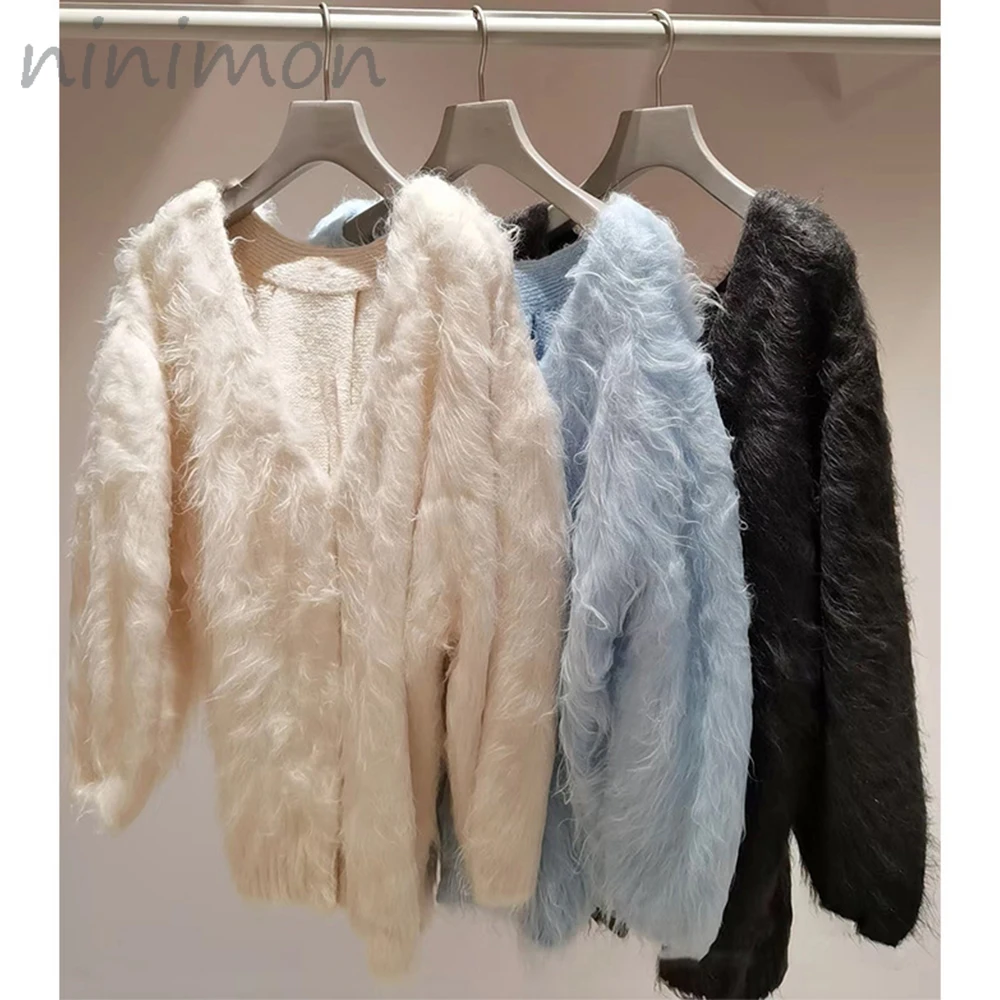 

NINIMON Woman Jacket Solid Colour Shaggy Fleece Mid-Length Knitted Cardigan Outerwear Japan V Neck Elegant Loose Casual Coat