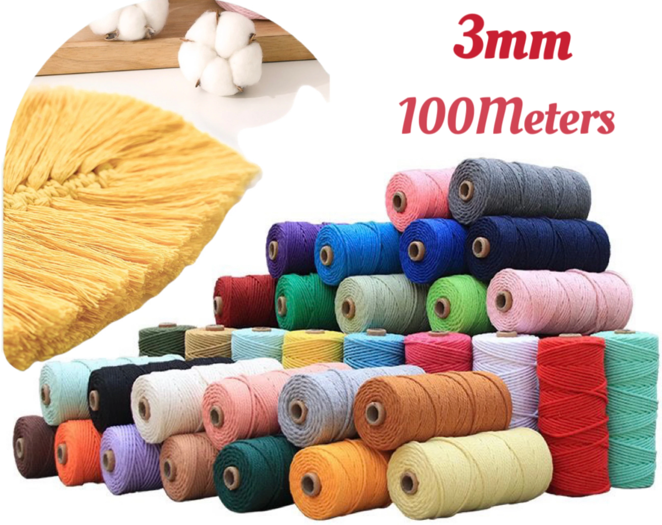 

3mm 100% Cotton Cord Colorful Handmade Rope Twisted Macrame String DIY Home Wedding Decoration Supply Film Packaging 100m/Roll