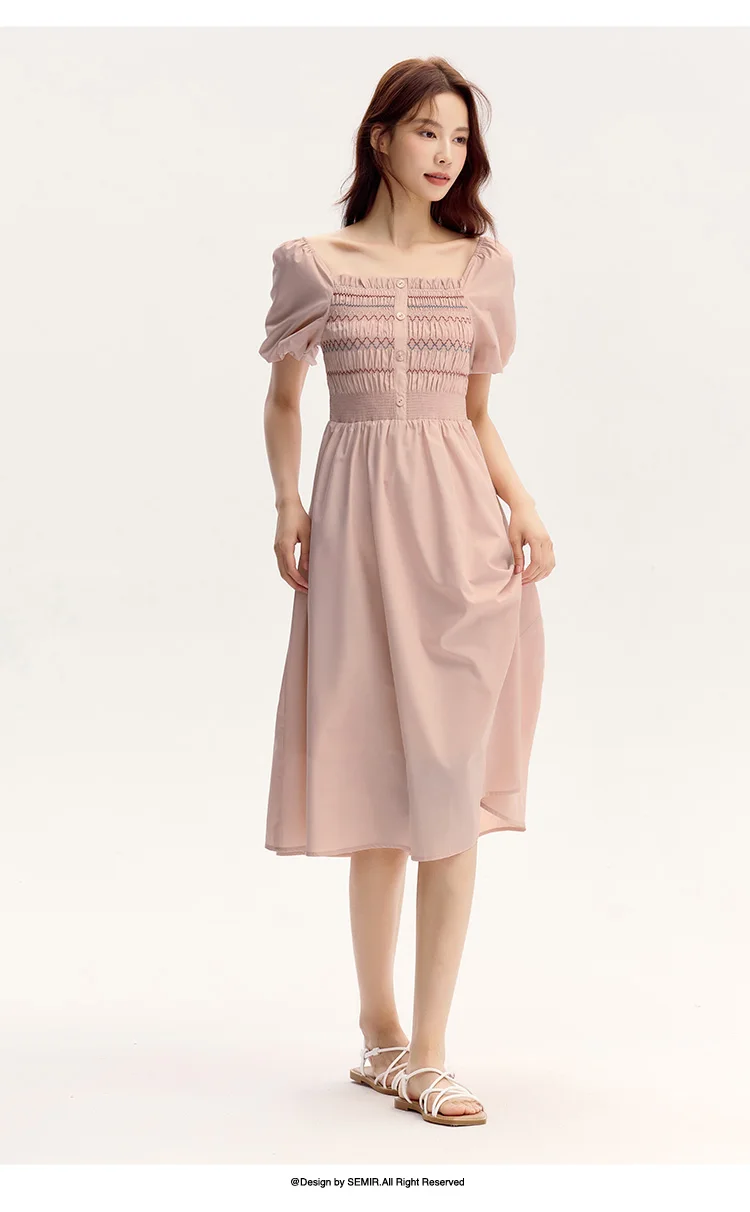 Vestido de mujer con escote cuadrado, mangas abullonadas, corte ajustado y elegante, nuevo vestido de verano divertido y elegante de largo medio.