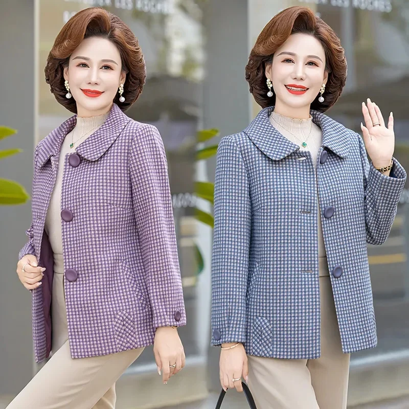 2023 New Mom Autumn Winter Slim Fit Plaid Coat Fashionable and Westernized Middle and Old Age Women's Short Fabric Women's Top
