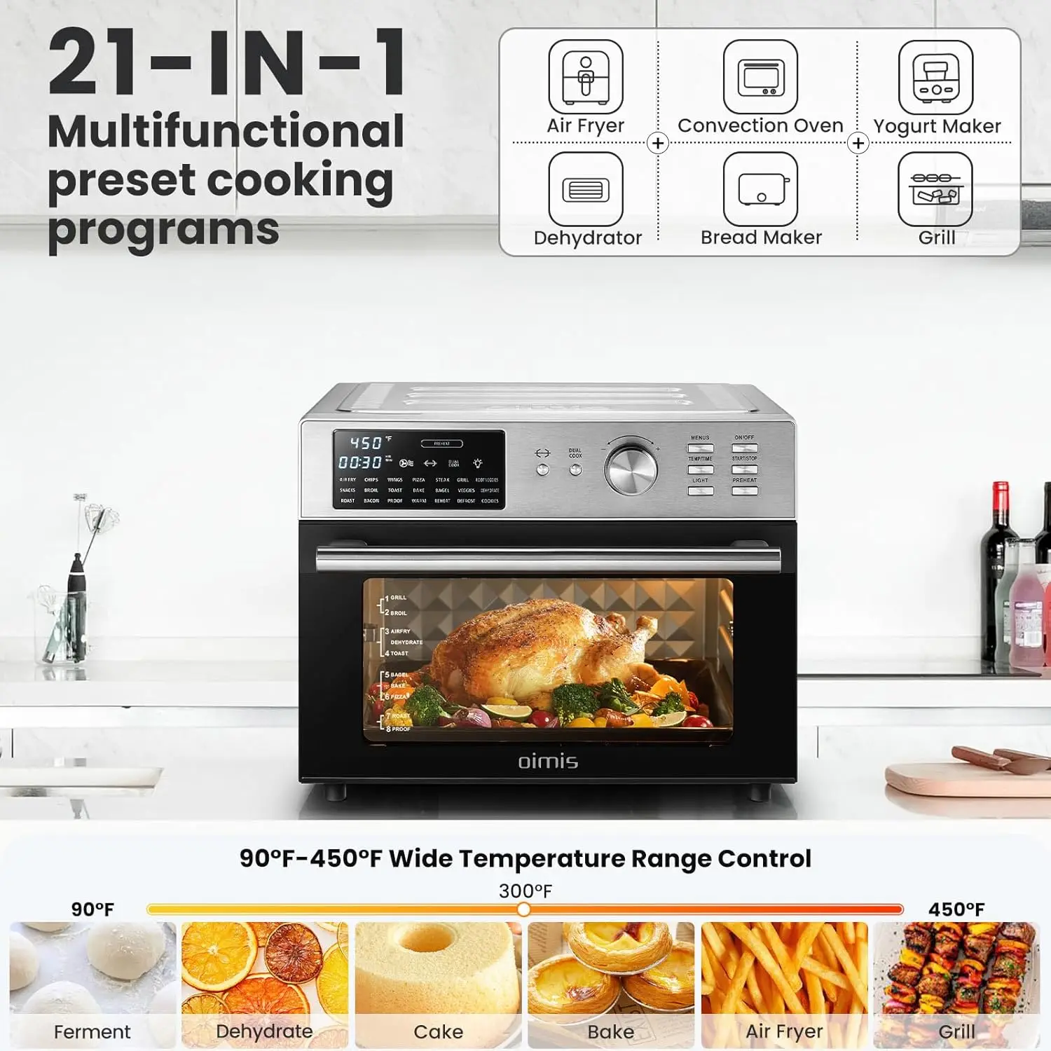 21-in-1 XL Air Fryer Stainless Steel, 32QT Convection Oven Countertop with Dehydrate and Grill. 6 Accessories, Recipes,1800W 2