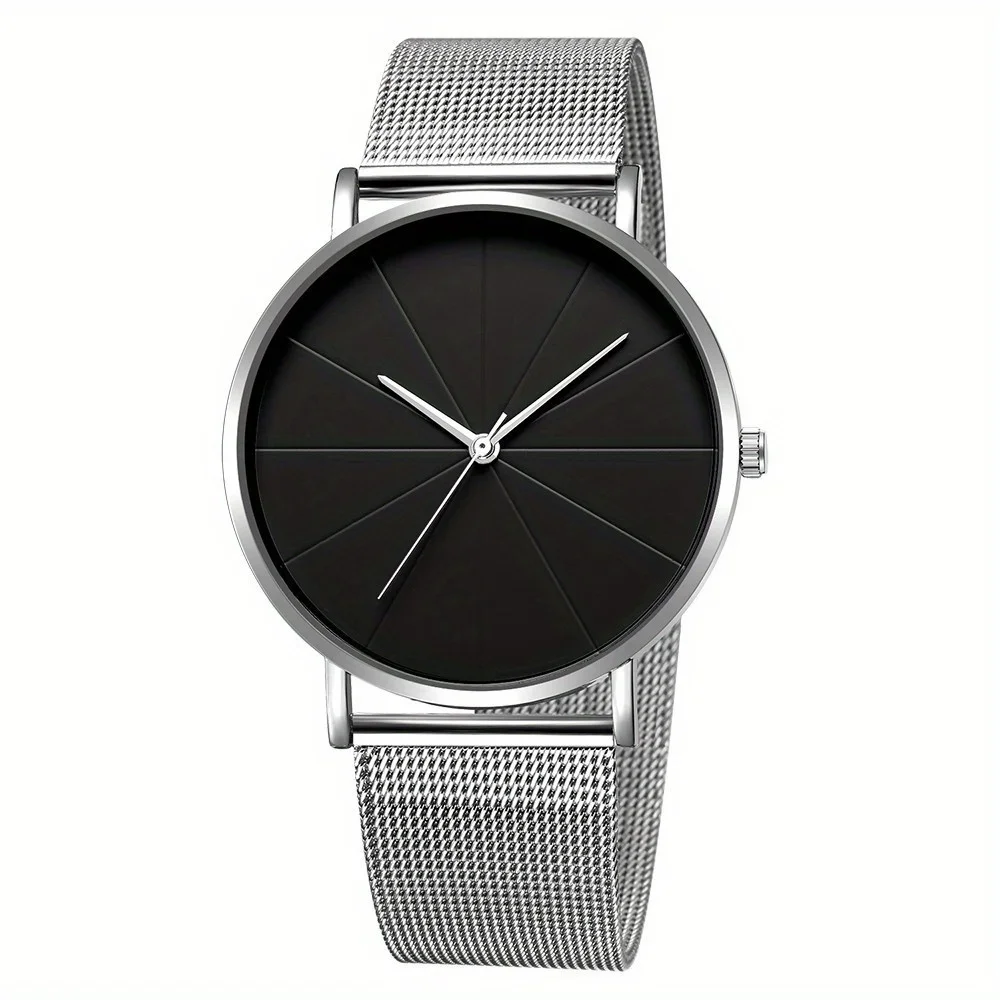 Casual Round Pointer Quartz Watch Large Geo Dial Analog Mesh Strap Wristwatch For Women Men 6