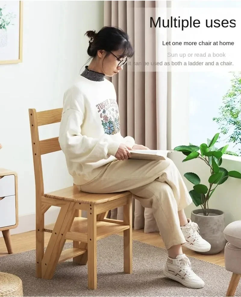 Description Picture 3 of itemSolid Wood Step Stools Multifunctional Folding Step Ladders Living Room Backrest Chairs Portable Ladder Stool Modern Furnitures