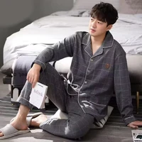 Ensemble de pyjamas en coton pour hommes, cardigan à manches longues, grande taille, modèles de vêtements pour la maison, vêtements de nuit à carreaux, automne, hiver, 2 pièces par ensemble 5