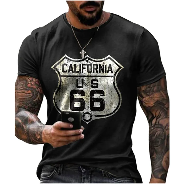 Summer New Men's Retro T-shirt US Route 66 Letter Print Short-Sleeved Oversized Loose y2k Clothes O Neck Top Streetwear 6xl S1016