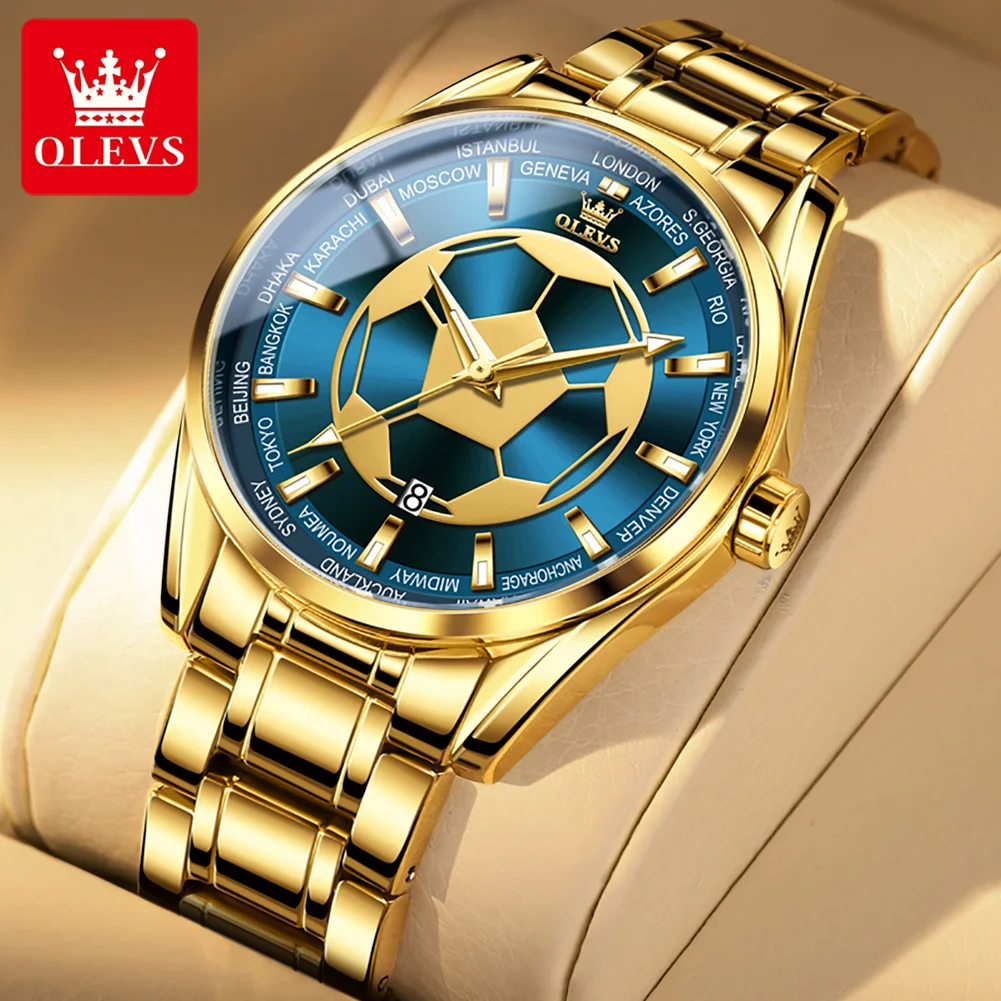 

OLEVS Men's Watches Top Brand Quartz Watch for Men Waterproof Stainless Steel Wristwatch All Gold Blue Soccer Dial