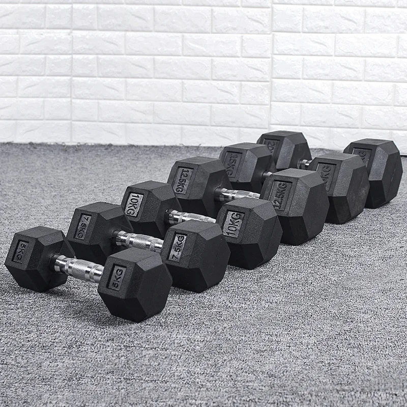 Gym Commercial Full Set Of Solid Iron Steel Safety Non-Slip Handle Hexagonal Rubber-Coated Dumbbells