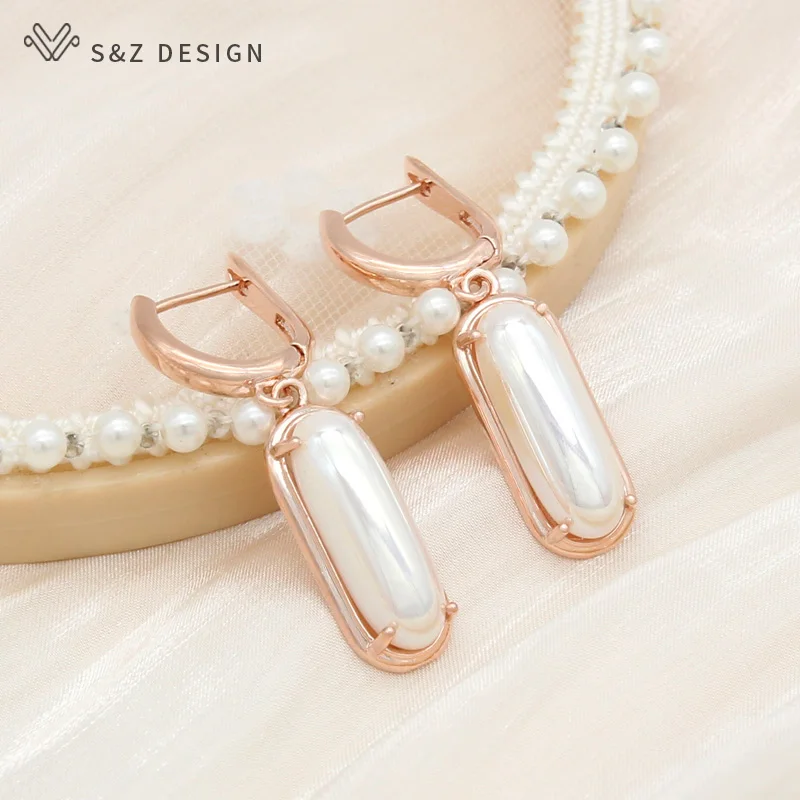 S&Z DESIGN New Fashion 585 Rose Gold Color Oval Egg Shape Imitation Pearl Dangle Earrings For Women Girl Wedding Party Jewelry