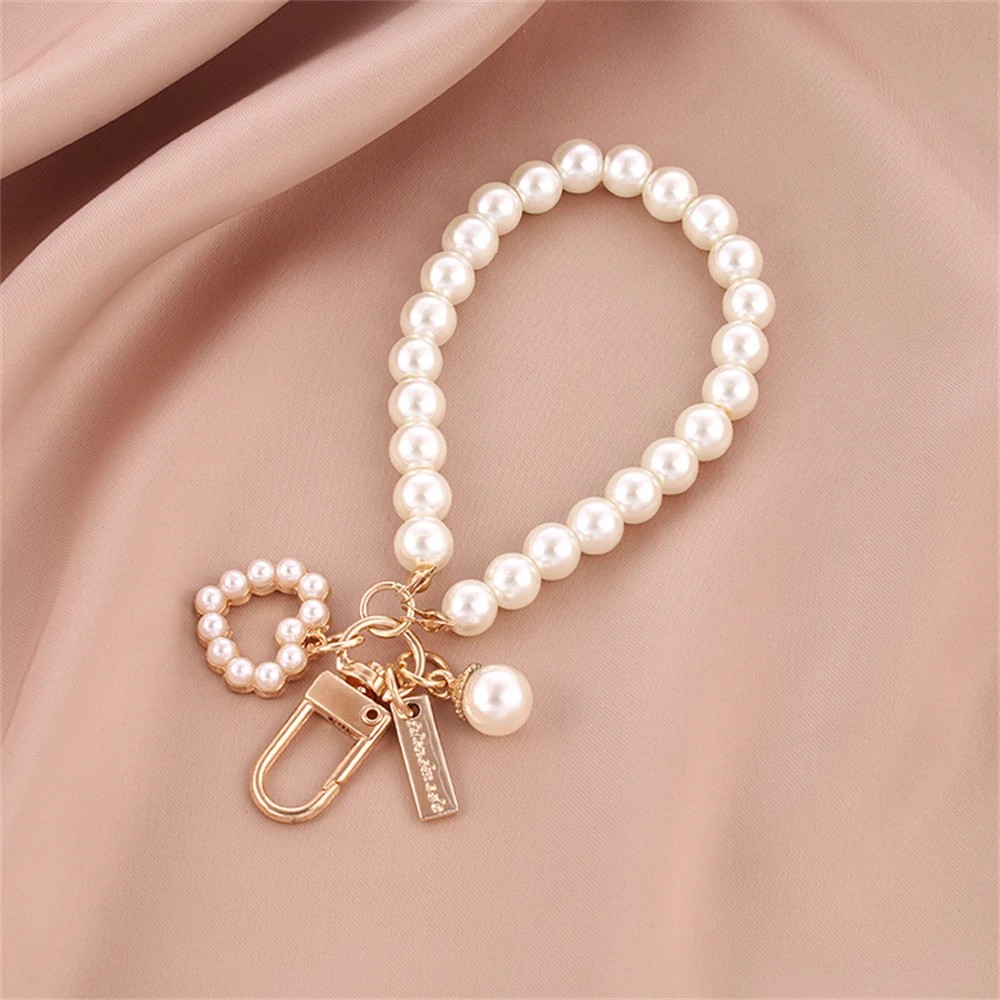 Vintage Pearl Beads Bracelet Keychain Trendy Wrist Strap Keyring for Women Headphone Case Pendant Purse Handbag Jewelry Gifts