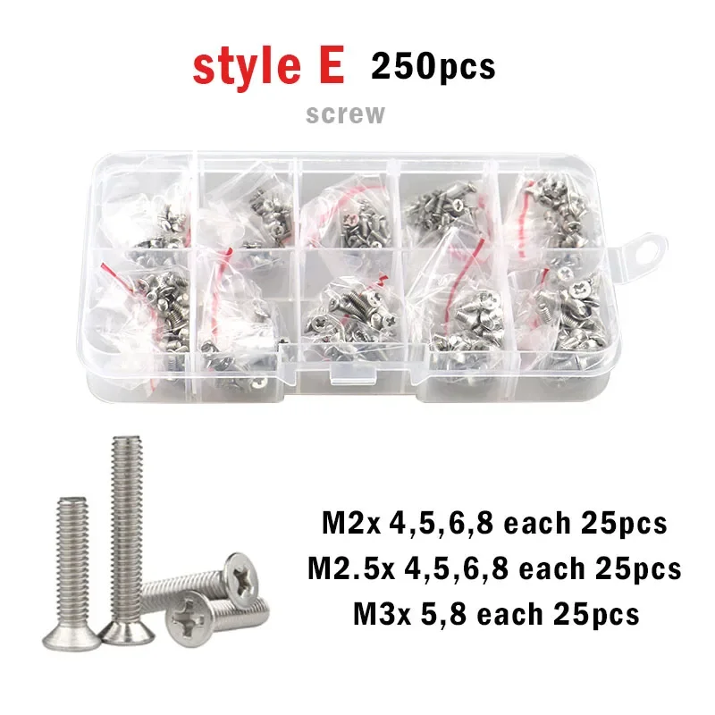 304 스테인리스 스틸 볼트 크로스 필립스 플랫 카운터 싱크 헤드 나사 너트 와셔 세트 키트 박스, M1.6 M2 M2.5 M3 M4 M5, 2100-250 개