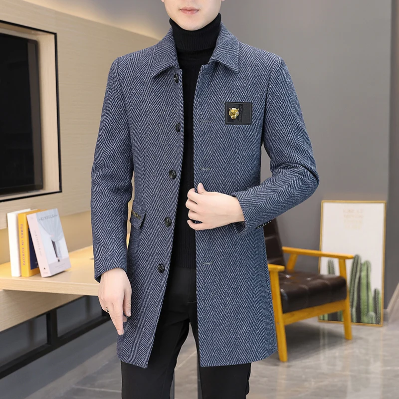 Wool Coat Long Business Coat Mens Pure Woolen Coat Slim Fit Long