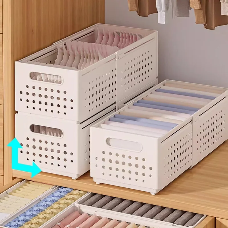 กล่องจัดระเบียบลิ้นชักแบบยืดหดได้ ปรับความยาวได้ กล่องเก็บของในตู้ วางซ้อนกันได้ กล่องจัดระเบียบสำหรับห้องครัว กล่องจัดเก็บของใช้ในบ้าน 1