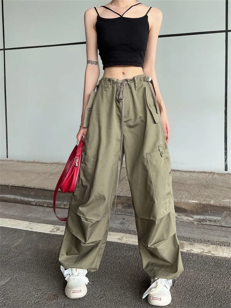 HOUZHOU Hip Hop Retro Green Cargo Pants Women Y2K Harajuku Oversize Wide Leg Black Parachute Trousers Female Vintage Streetwear