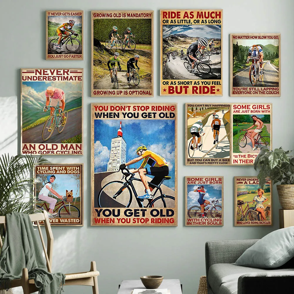 

Retro art cycling girl figure canvas painting fashion slogan wall art road cycling poster living room home decoration mural