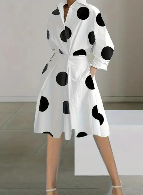 

Elegant Dresses for Women 2023 Autumn New Fashion Casual Waist Long Sleeve V-Neck Printed Mid Length Dress Temperament Commuting