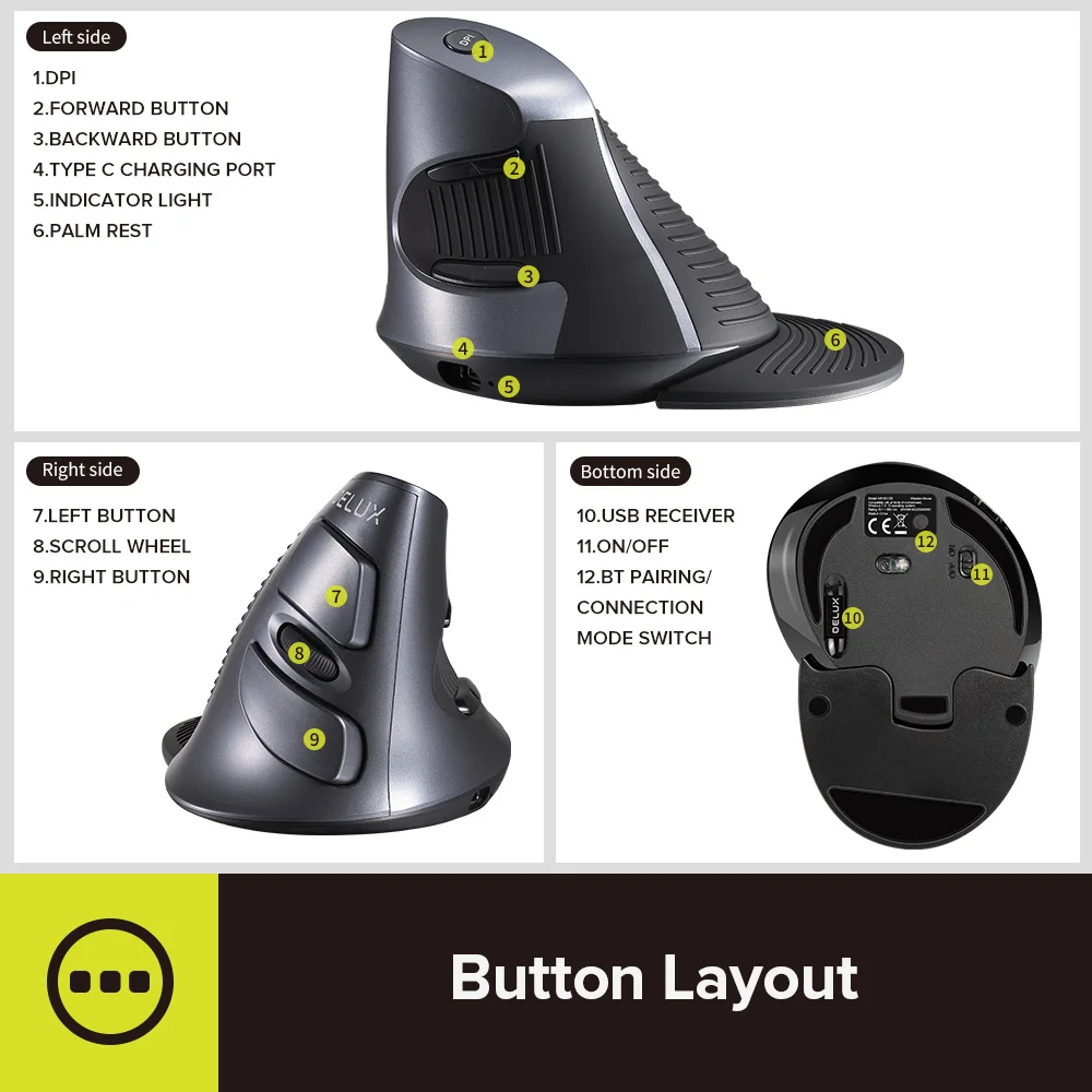 Mouse Vertical com Fio ou sem Fio Botões Ratos de Mão Direita Ópticos Ergonômicos Dpi Ajustável para pc Mac Escritório Delux-m618 - Imagem 3