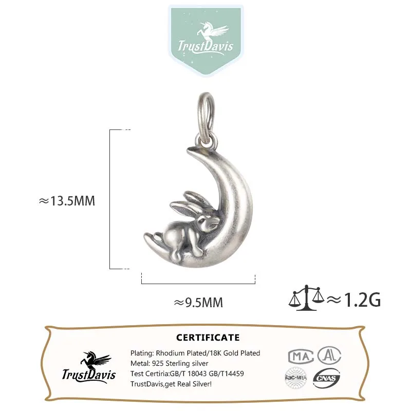 TrustDavis Real 925 Sterling Silver Fashion Sweet Cute Moon Rabbit Charm Pendant Handmade DIY Accessories Fine Jewelry HY495